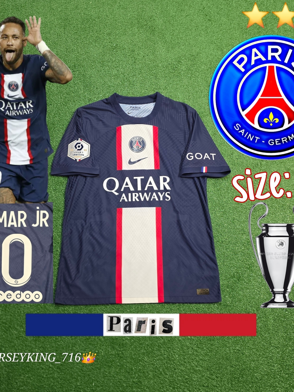 Nike PSG Neymar Jr #10 2022/2023 Authentic Home Jersey Ligue 1 Patch Men's Large